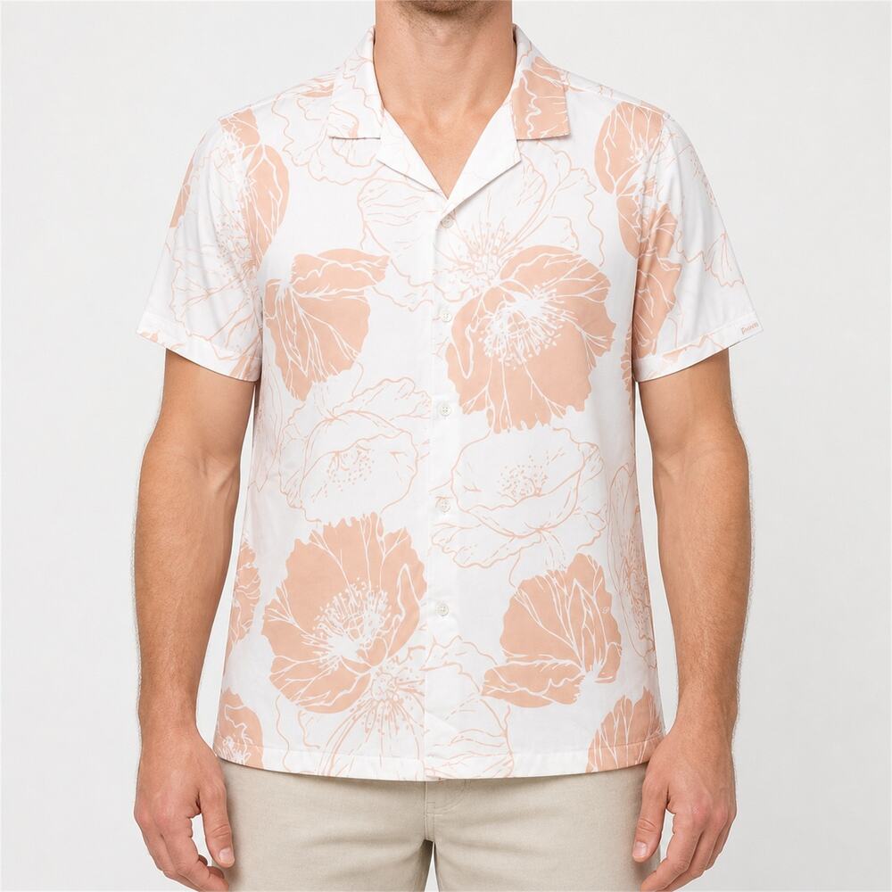 Porter & Ash Shirt Mens Large White Peach Hawaiian Kinetic Stretch Short Sleeve